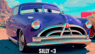a purple car with the words silly < 3 on the bottom
