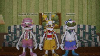 three cartoon characters are standing in front of a wall that says velvet petunia and luckalive