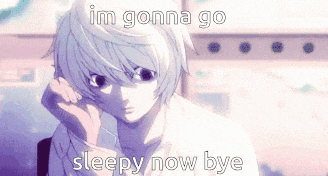 a picture of a person with white hair and the words `` im gonna go sleepy now bye '' .