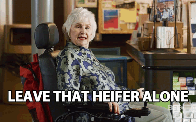 an elderly woman in a wheelchair with the words " leave that heifer alone " below her