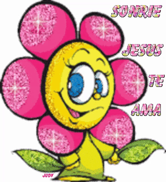 a cartoon flower with the words sonrie jesus te ama written above it