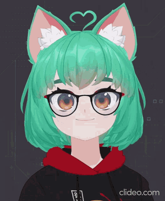 a girl with green hair and cat ears is wearing glasses and a black hoodie