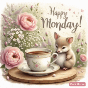 a picture of a hamster sitting next to a cup of coffee with the words happy monday written on it