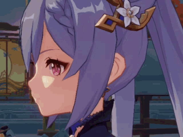 a close up of a cartoon character with purple hair and a flower in her hair