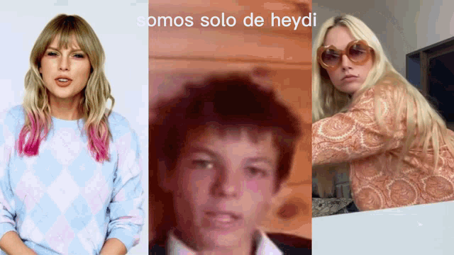 a woman with pink hair is next to a boy and the words somos solo de heydi are above them
