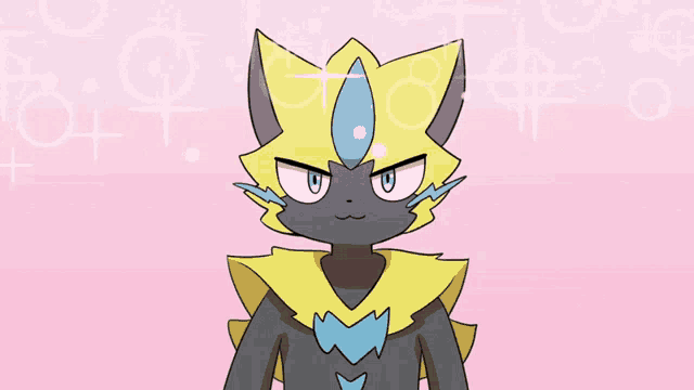 a cartoon drawing of a black and yellow cat with blue eyes
