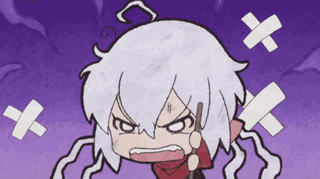 a cartoon character with white hair and a red scarf is angry