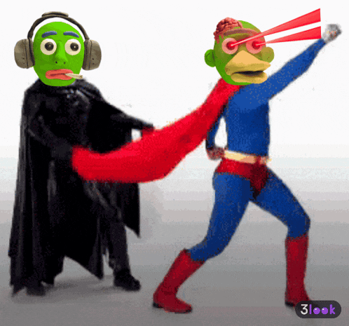 a cartoon of a man in a superhero costume standing next to a man in a black cape with headphones