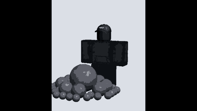 a roblox character is standing next to a pile of rocks .