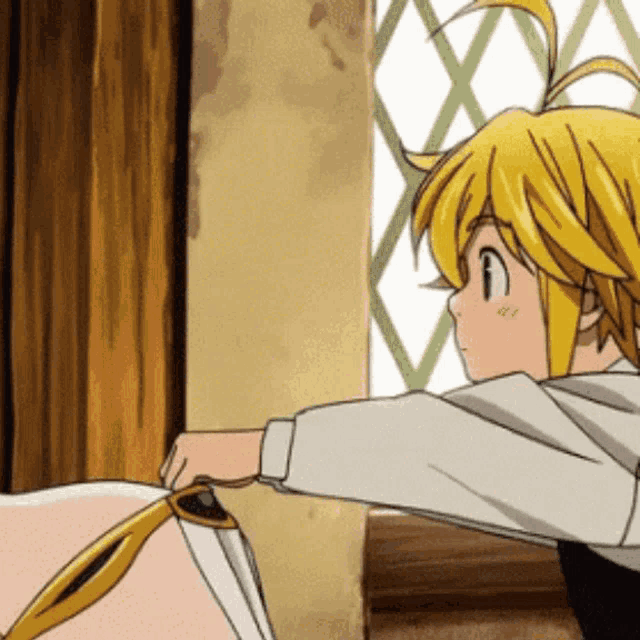 a cartoon character is standing next to a window holding a sword