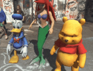 a mermaid donald duck and winnie the pooh are standing on a street