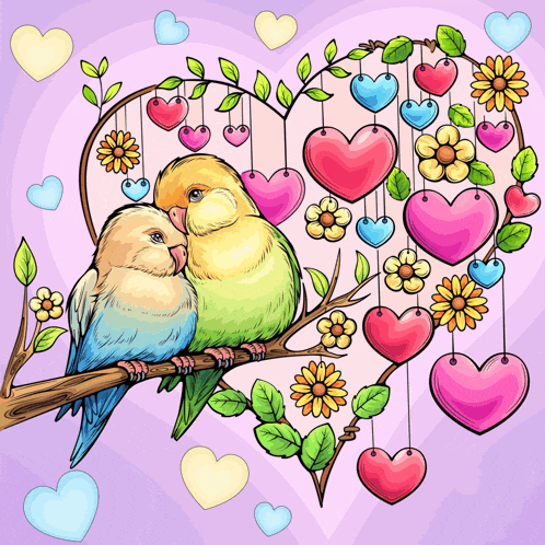 a couple of birds sitting on a branch with hearts and flowers