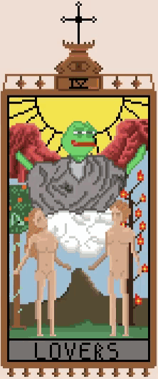 a pixel art illustration of lovers with a frog on a rock