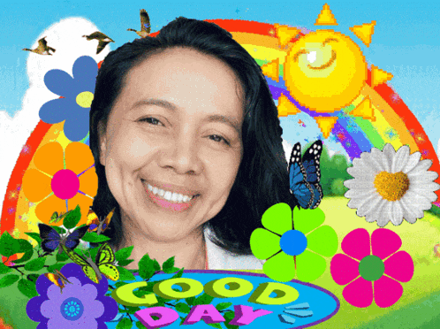 a woman is surrounded by colorful flowers and butterflies and the words good day