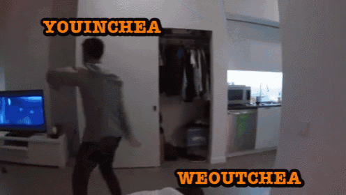 a man dancing in a room with the words youinchea and weoutchea