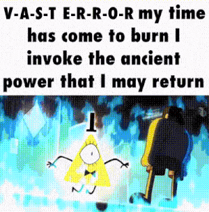 bill cipher from gravity falls is standing next to a man in a chair .