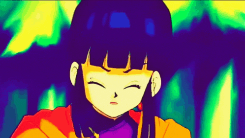 a colorful cartoon of a girl with black hair and a purple shirt