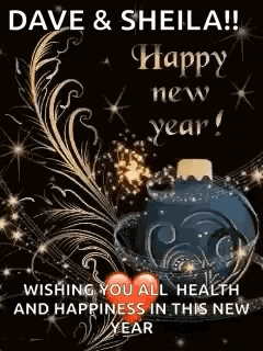 a happy new year greeting card with a feather and a bottle