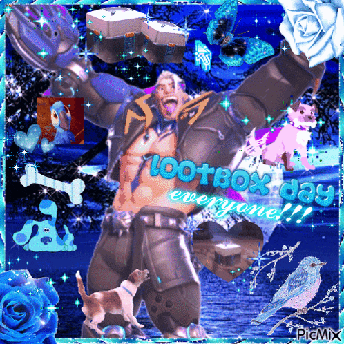 a picture of a man with his arms in the air and the words lootbox day everyone