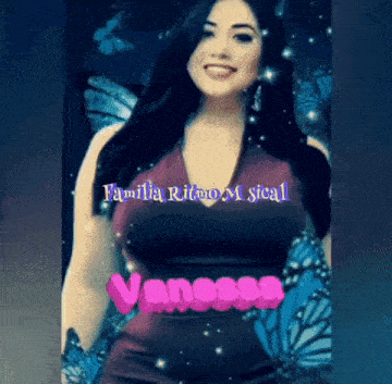 a woman in a purple dress is surrounded by butterflies and the name vanessa