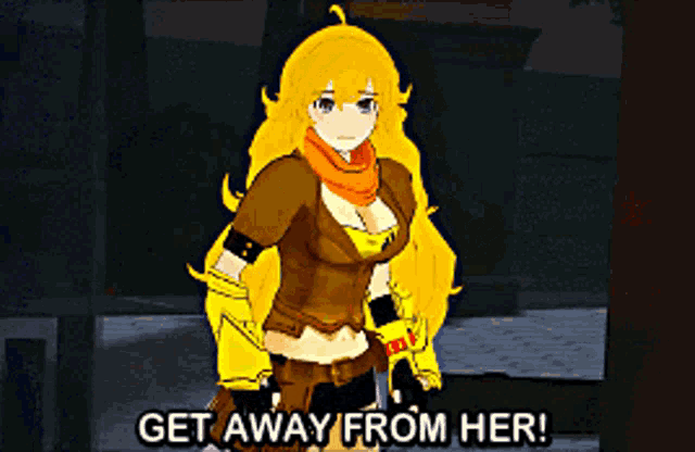 a picture of a girl with yellow hair and the words " get away from her "