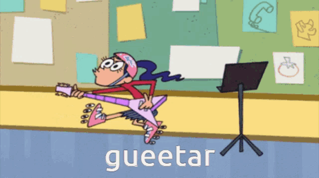 a cartoon of a girl on roller skates playing a guitar