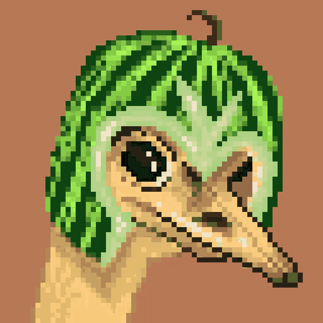 a pixel art of an ostrich with watermelon hair