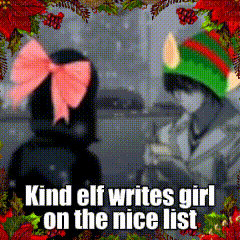 kind elf writes girl on the nice list with a picture of two people