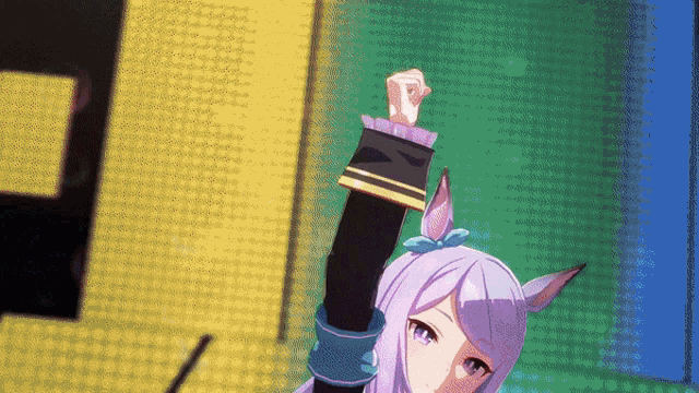a girl with purple hair and ears is holding her fist up in the air