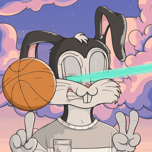 a cartoon bunny is holding a basketball in its mouth