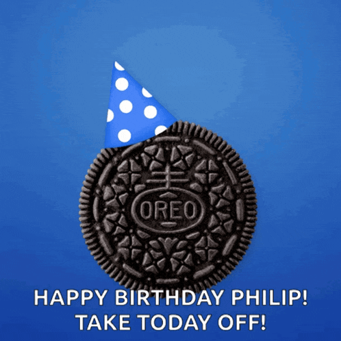 a oreo cookie with a blue party hat on it