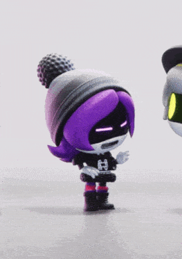 a cartoon character with purple hair is standing next to another cartoon character