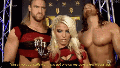 two men and a woman are standing next to each other with a caption that says those two goof balls