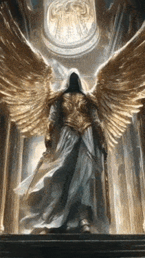 a painting of an angel with wings and a sword