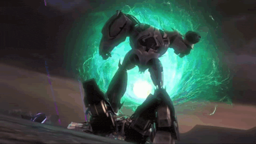 a robot with a green light coming out of it 's head