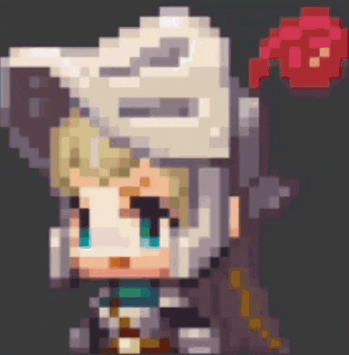 a pixel art drawing of a person wearing a mask and holding a red balloon .