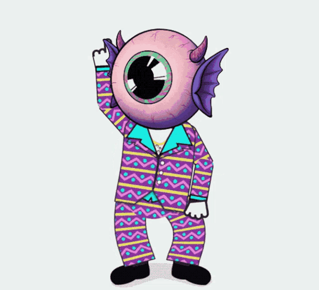 a cartoon character with a big eye and horns is wearing a colorful suit