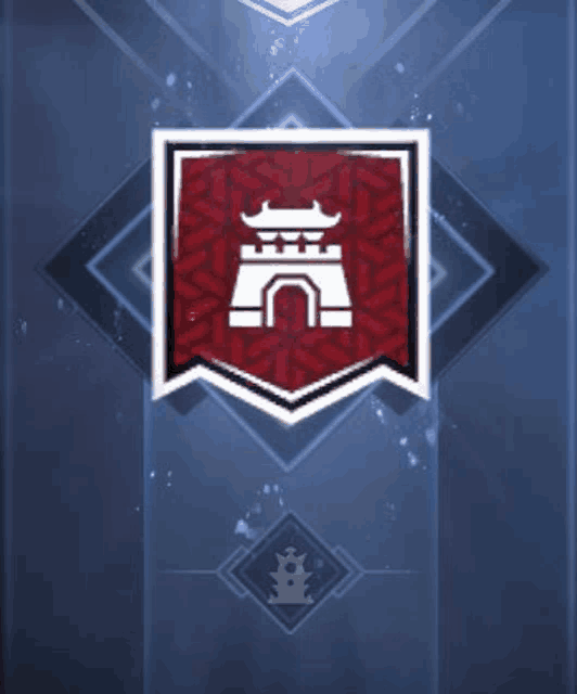 a red badge with a white castle on it is on a blue background .