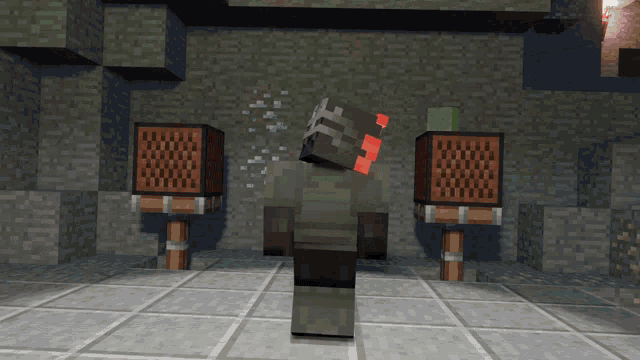a minecraft character is standing in a room with a few speakers