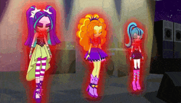 three cartoon girls are standing next to each other
