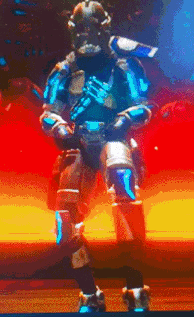a man in a futuristic suit is standing in front of a red background