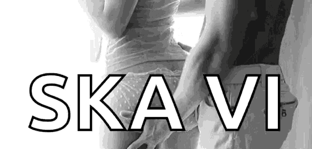 a man is touching a woman 's butt in a black and white photo with the word skavi written above them .