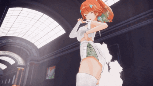 a girl with orange hair is standing in a room