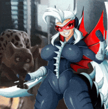 a cartoon drawing of a woman in a superhero costume with a leopard in the background