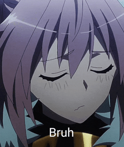 a close up of a girl with purple hair and the word bruh on the bottom