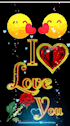 two smiley faces kissing each other with hearts in their mouths and the words `` i love you '' .