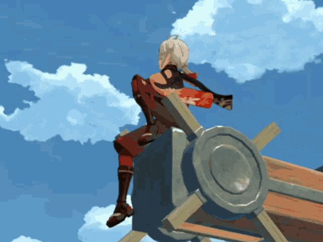 a cartoon character is sitting on top of a wooden structure with a blue sky in the background