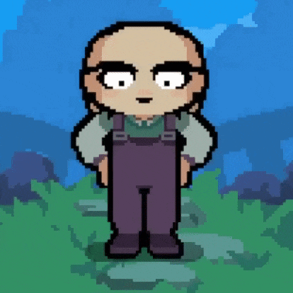 a pixel art drawing of a bald man wearing purple overalls