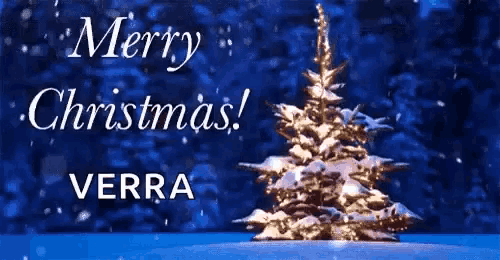 a merry christmas card with a christmas tree in the background