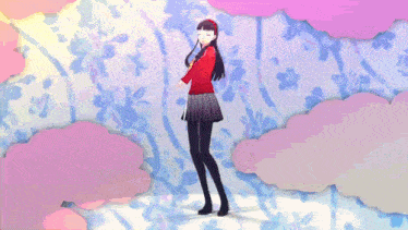 a girl in a red jacket and plaid skirt is dancing in front of a floral background